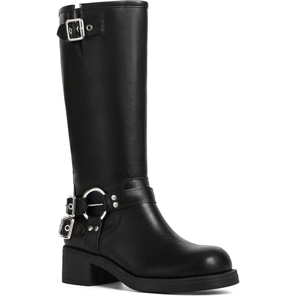 Women's Black Brown Square Toe Wide Calf Buckles Chunky Metallic Casual Boots